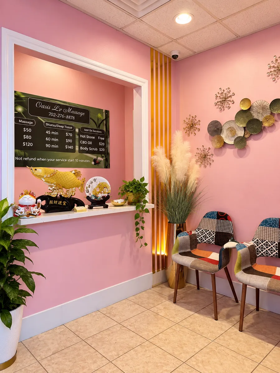 Front desk and waiting chairs at Oasis LV Massage in Las Vegas, NV