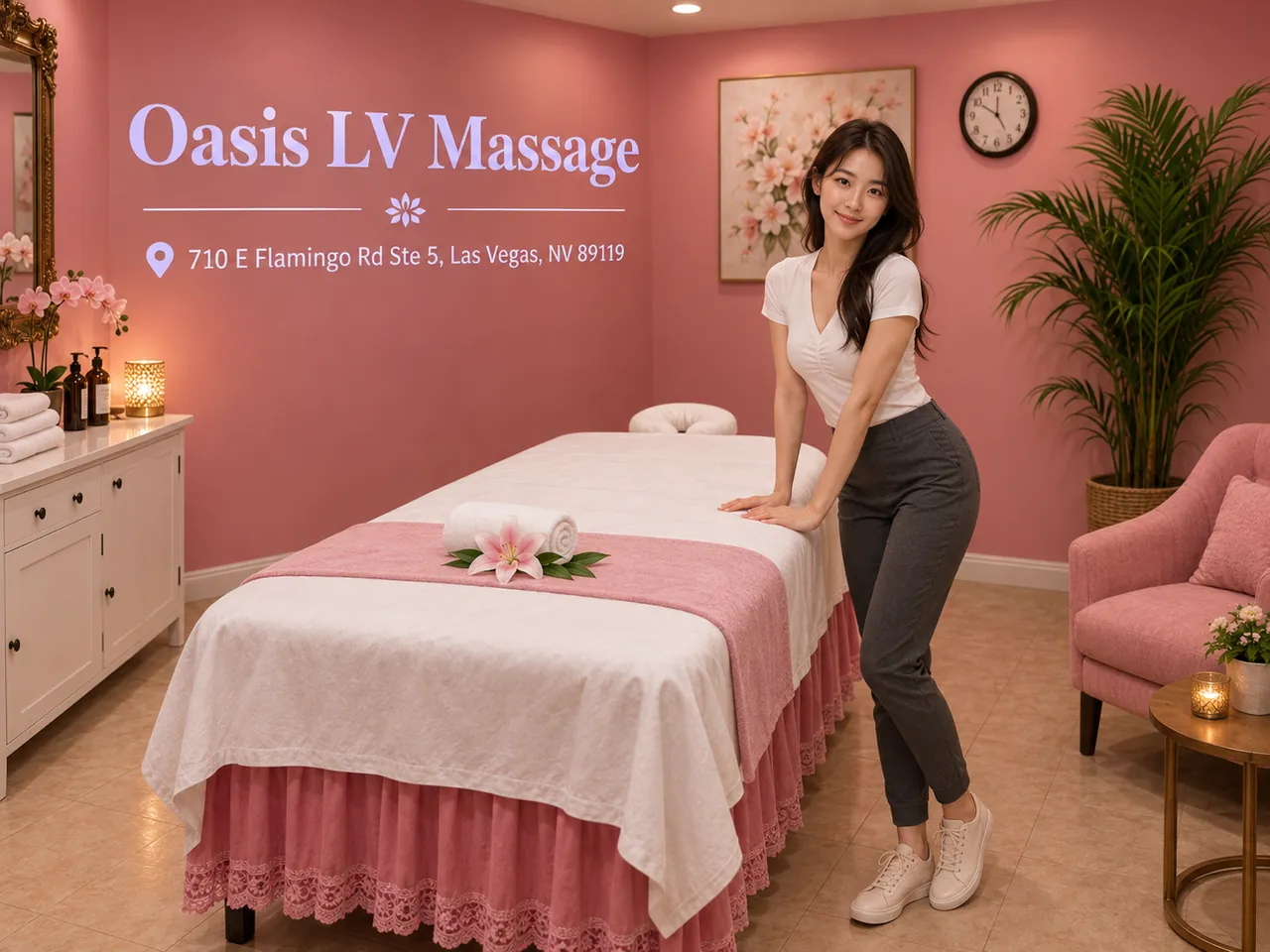 Staff member beside a clean massage table at Oasis LV Massage in Las Vegas, NV