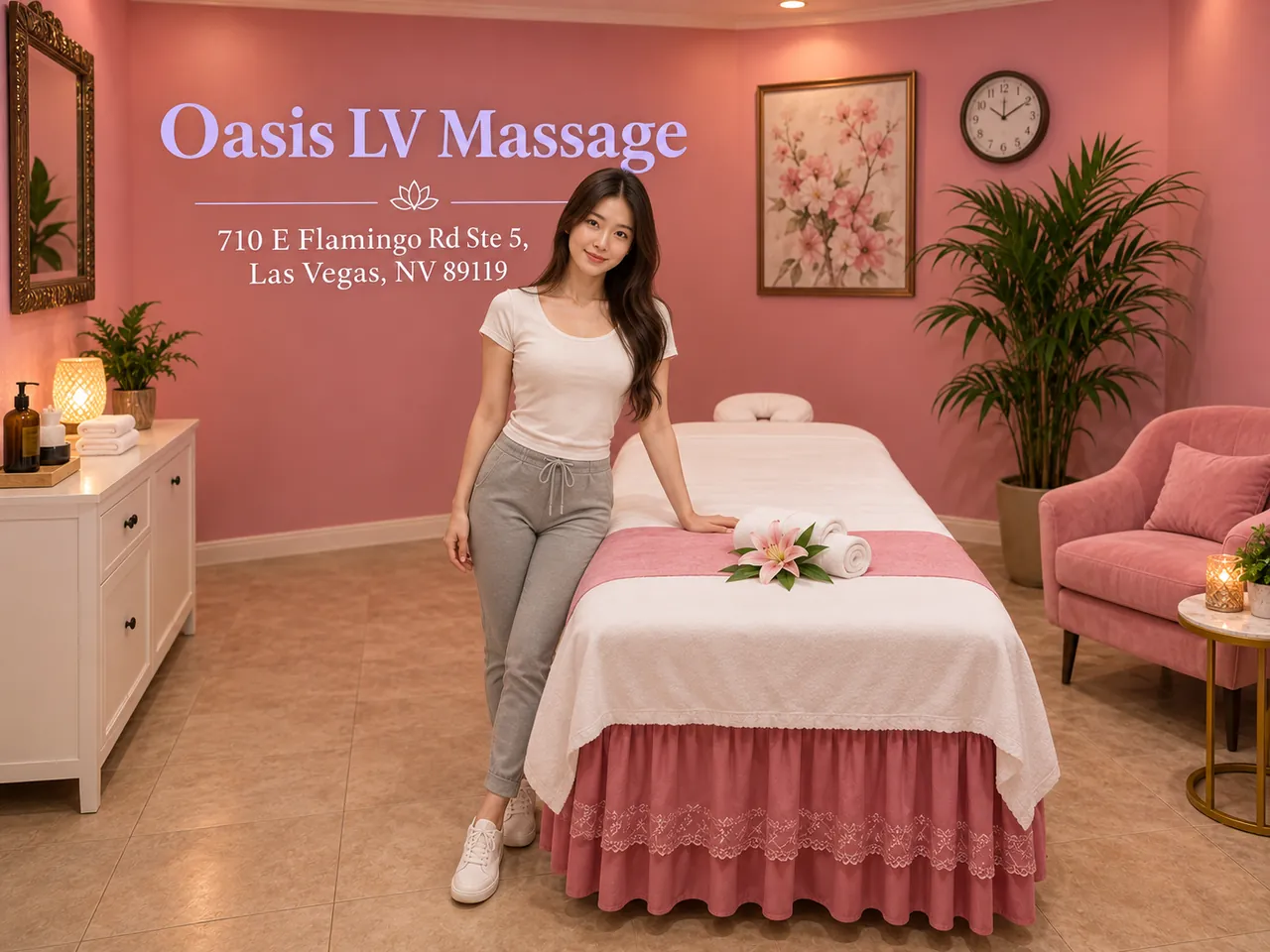 Friendly staff member in a clean massage room at Oasis LV Massage in Las Vegas, NV