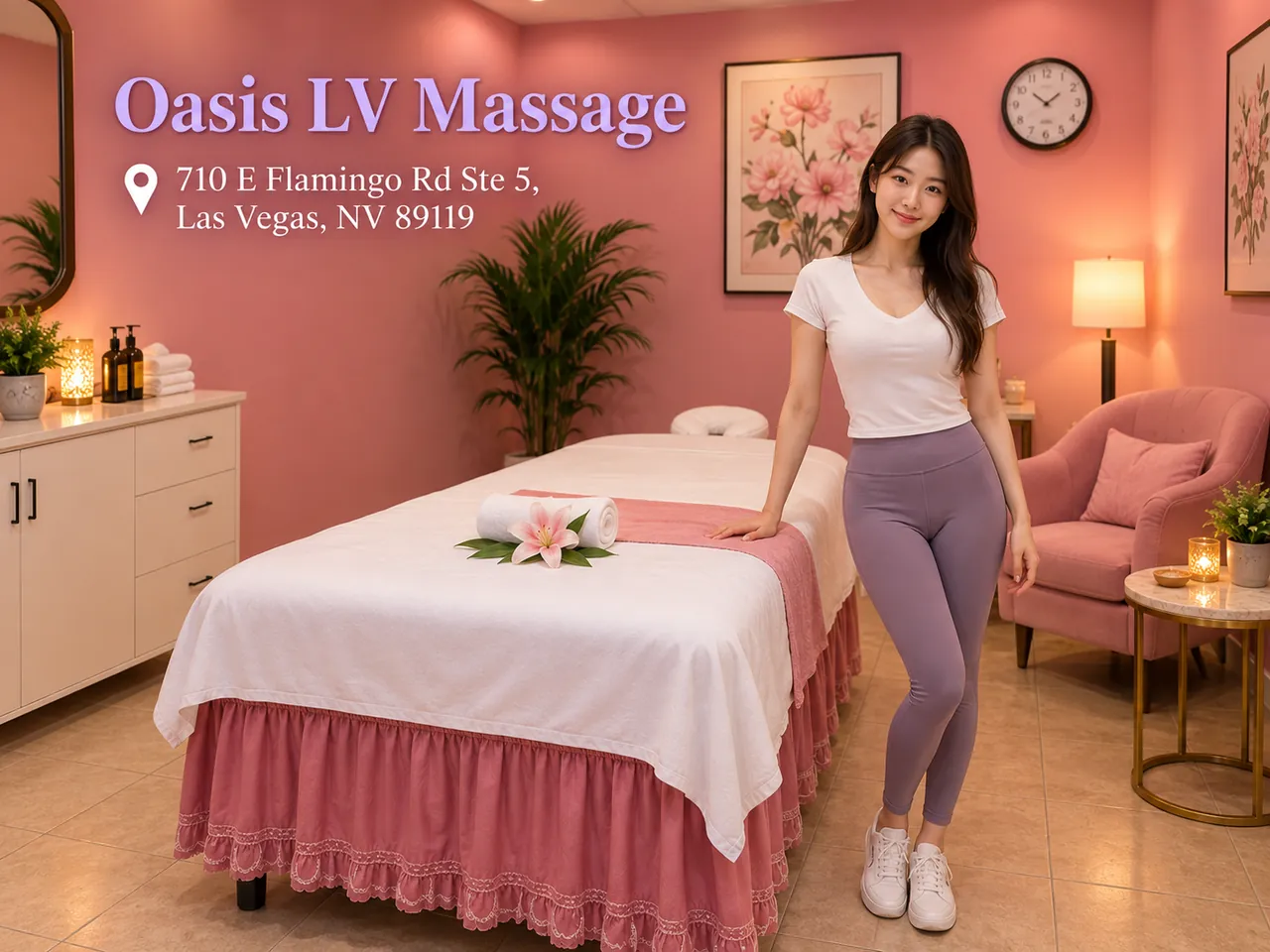 Staff member in a clean massage room at Oasis LV Massage in Las Vegas, NV
