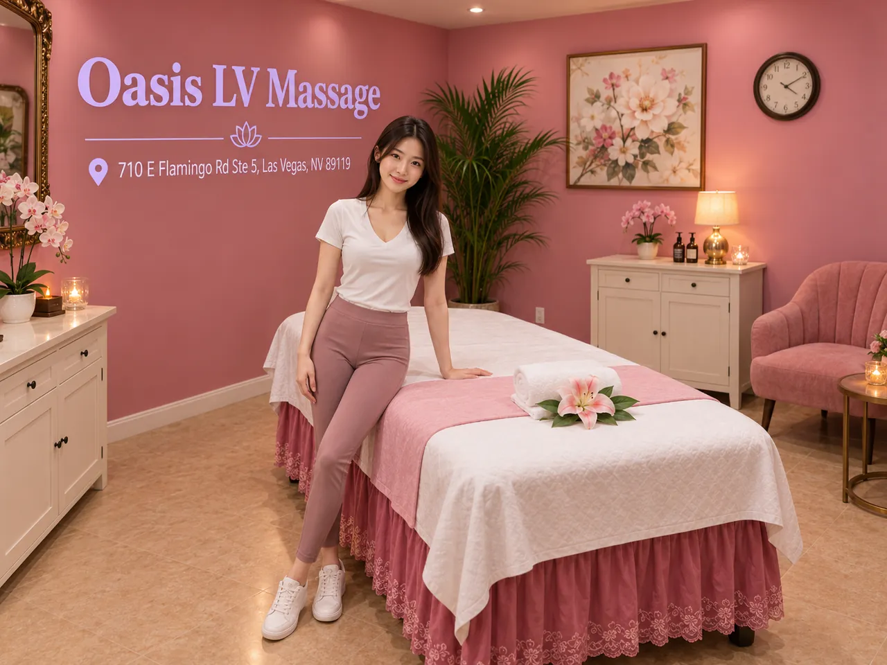 Friendly staff member welcoming guests at Oasis LV Massage in Las Vegas, NV