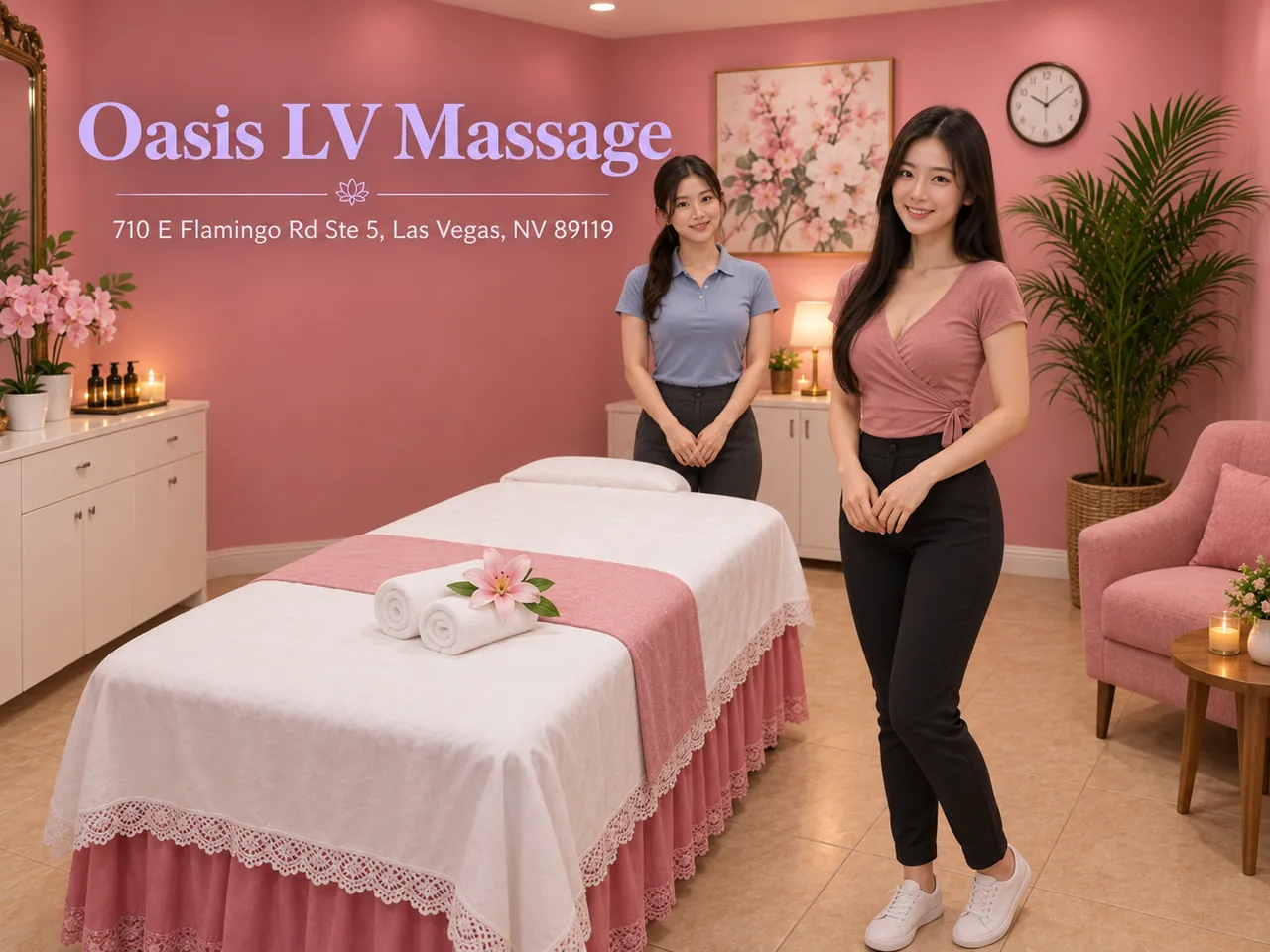 Two friendly staff members in a clean private room at Oasis LV Massage in Las Vegas, NV