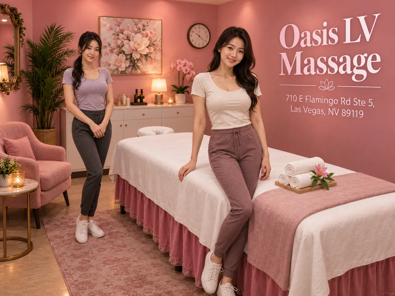 Two staff members beside a clean massage table at Oasis LV Massage in Las Vegas, NV