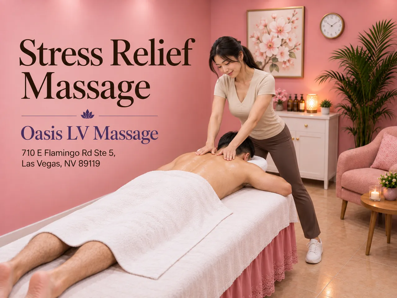 Stress relief massage on the neck and shoulders at Oasis LV Massage in Las Vegas, NV