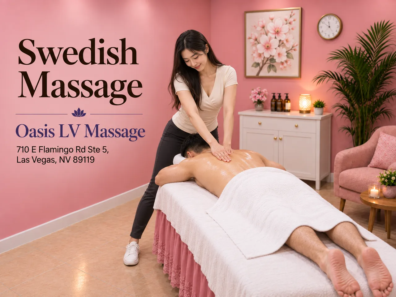 Swedish massage in a clean private room at Oasis LV Massage in Las Vegas, NV